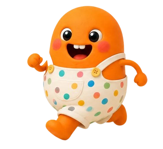 Dot the mascot cheering beside a sandcastle